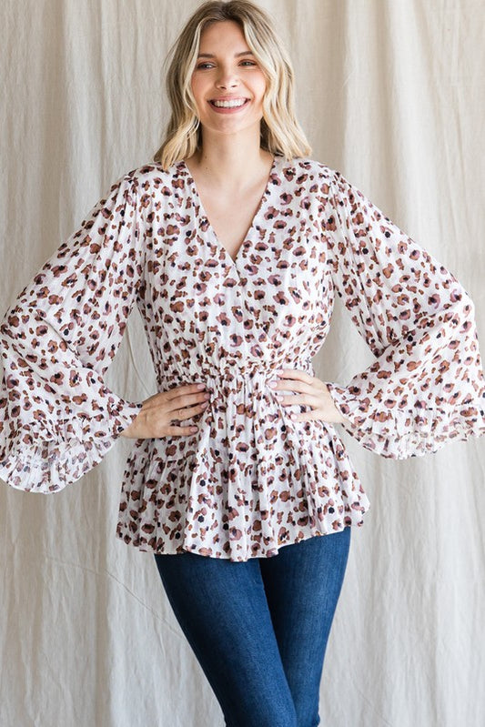 Cinched-In Leopard Bell-Sleeved Top