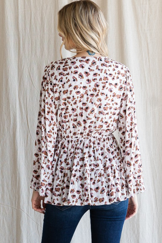 Cinched-In Leopard Bell-Sleeved Top