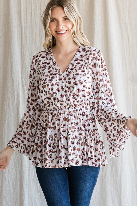 Cinched-In Leopard Bell-Sleeved Top