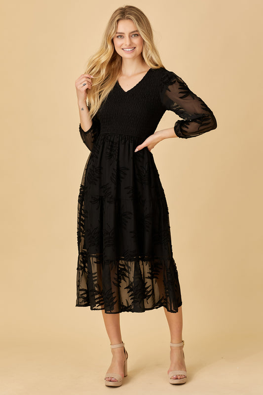 The "Every Occasion" Black Raised Leaf Midi Dress