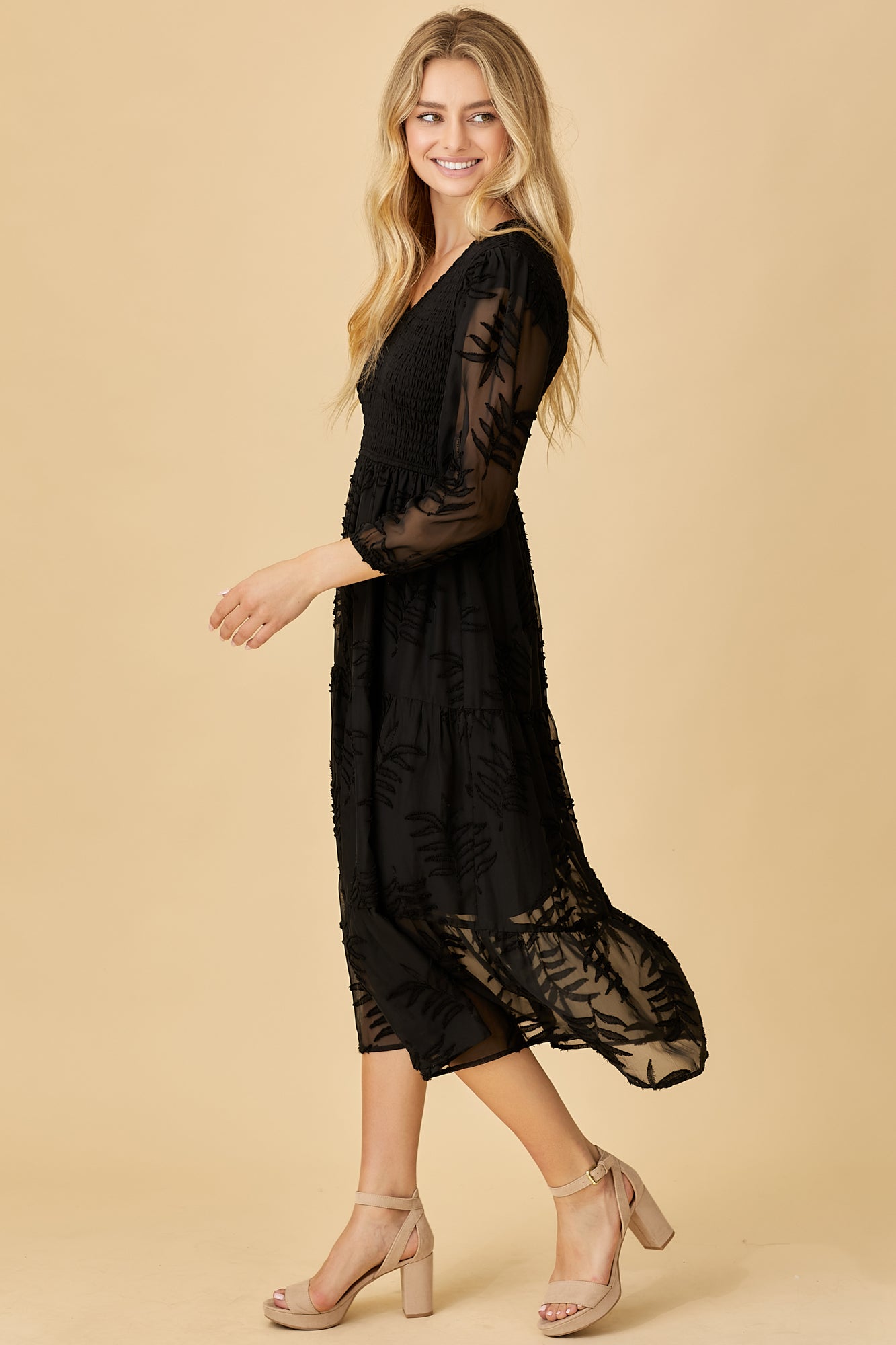 The "Every Occasion" Black Raised Leaf Midi Dress