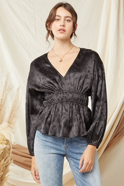 Black Ruched Peplum Top