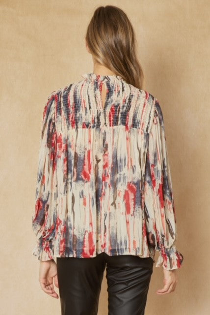 Navy & Red Chiffon Pleated Top