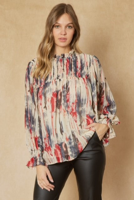 Navy & Red Chiffon Pleated Top