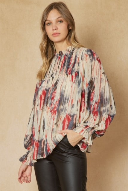 Navy & Red Chiffon Pleated Top