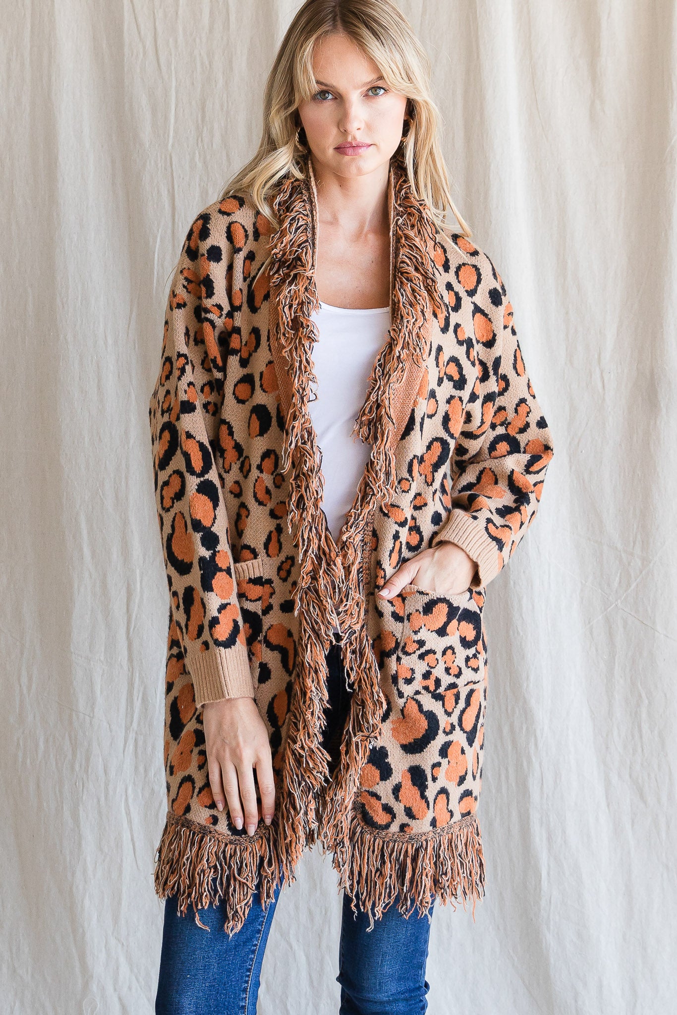 Fringed Neckline Leopard Print Sweater