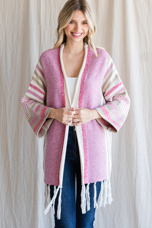 Pink Striped Fringe Cardigan