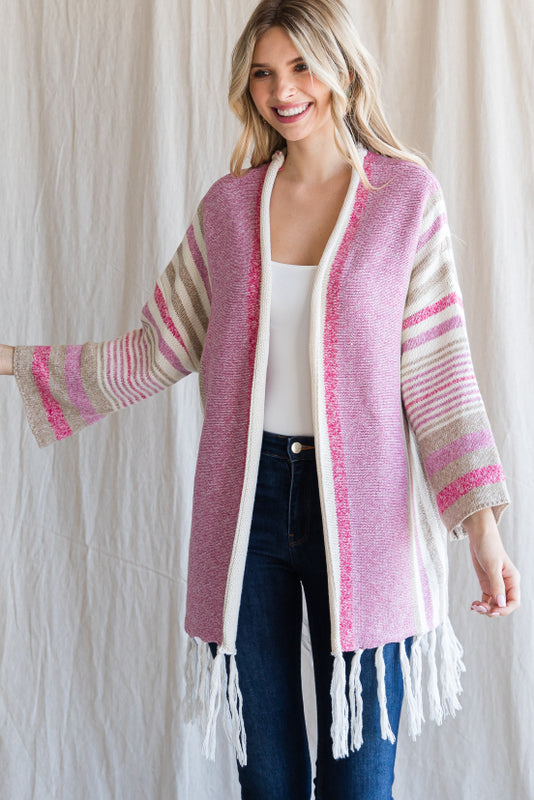 Pink Striped Fringe Cardigan