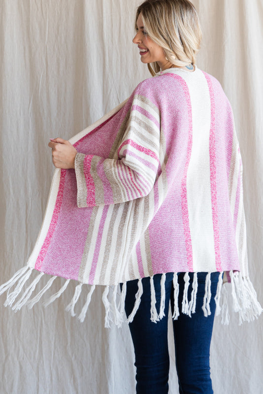 Pink Striped Fringe Cardigan