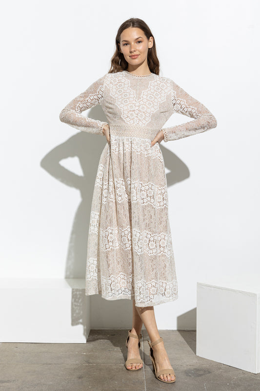 Royal All Over Lace Long-Sleeved Midi Dress