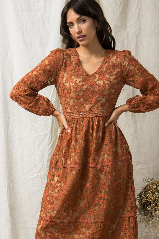 Rust Handsewn Lace Dress