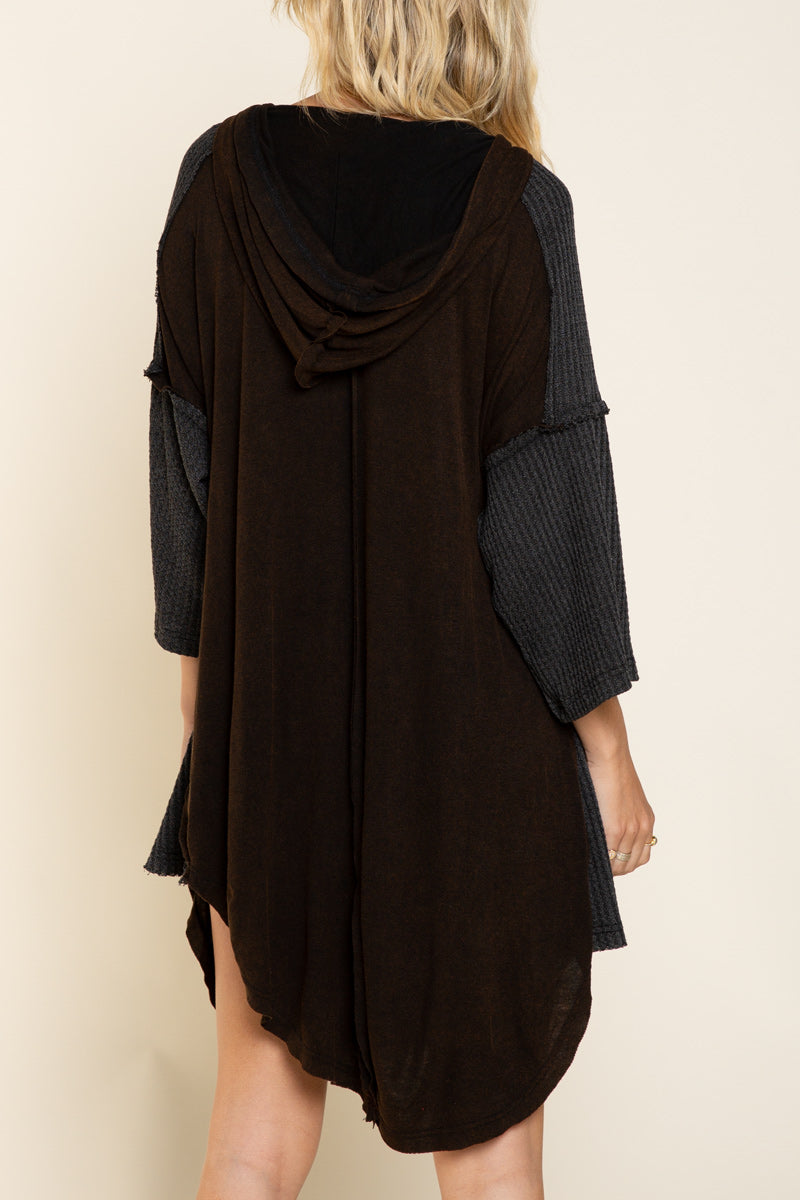 2 COLORS - Mixed Fabric Hooded Casual Tunic