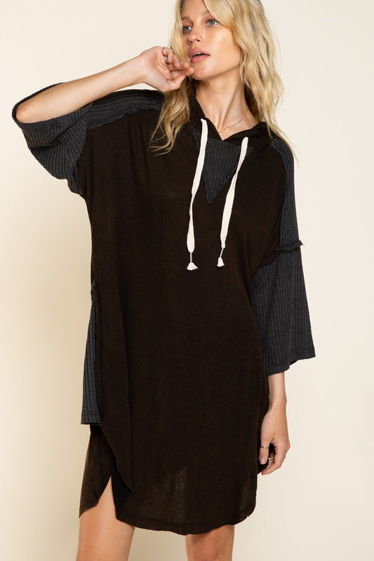 2 COLORS - Mixed Fabric Hooded Casual Tunic