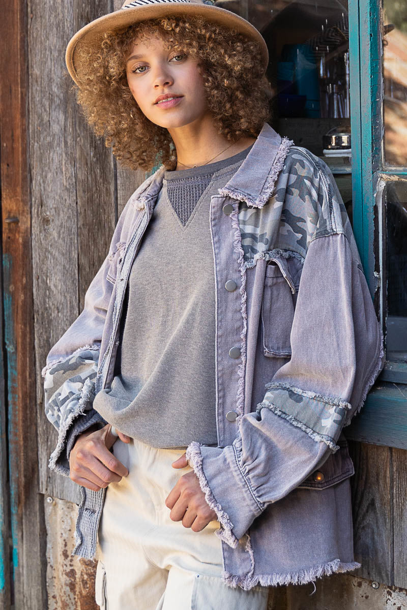 Violet Grey Mixed Fabric Jean Jacket