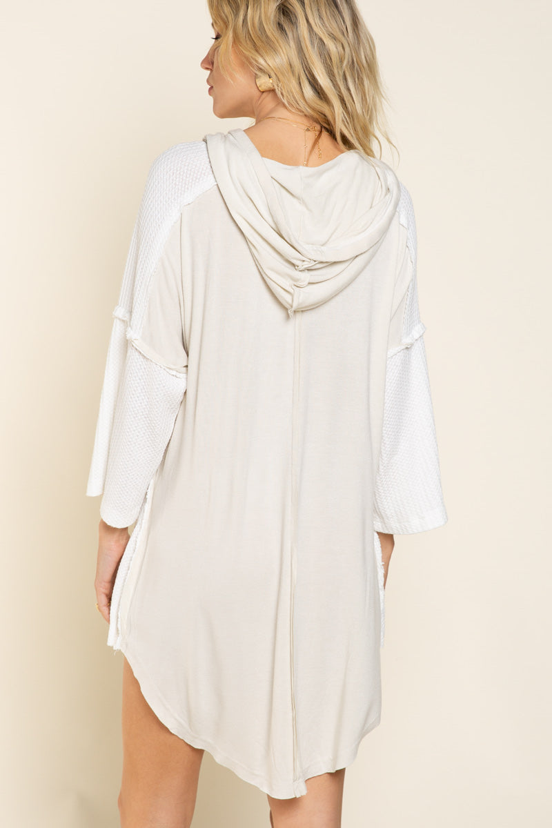 2 COLORS - Mixed Fabric Hooded Casual Tunic