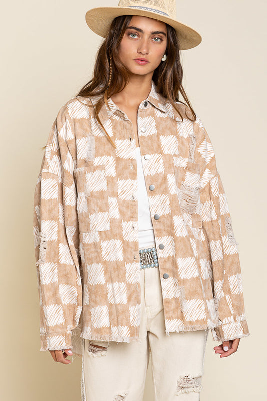 Checkerboard Beige Distressed Shacket