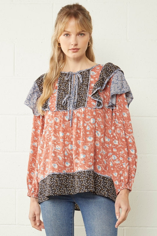 2 COLORS - Rust Printed Peasant Top