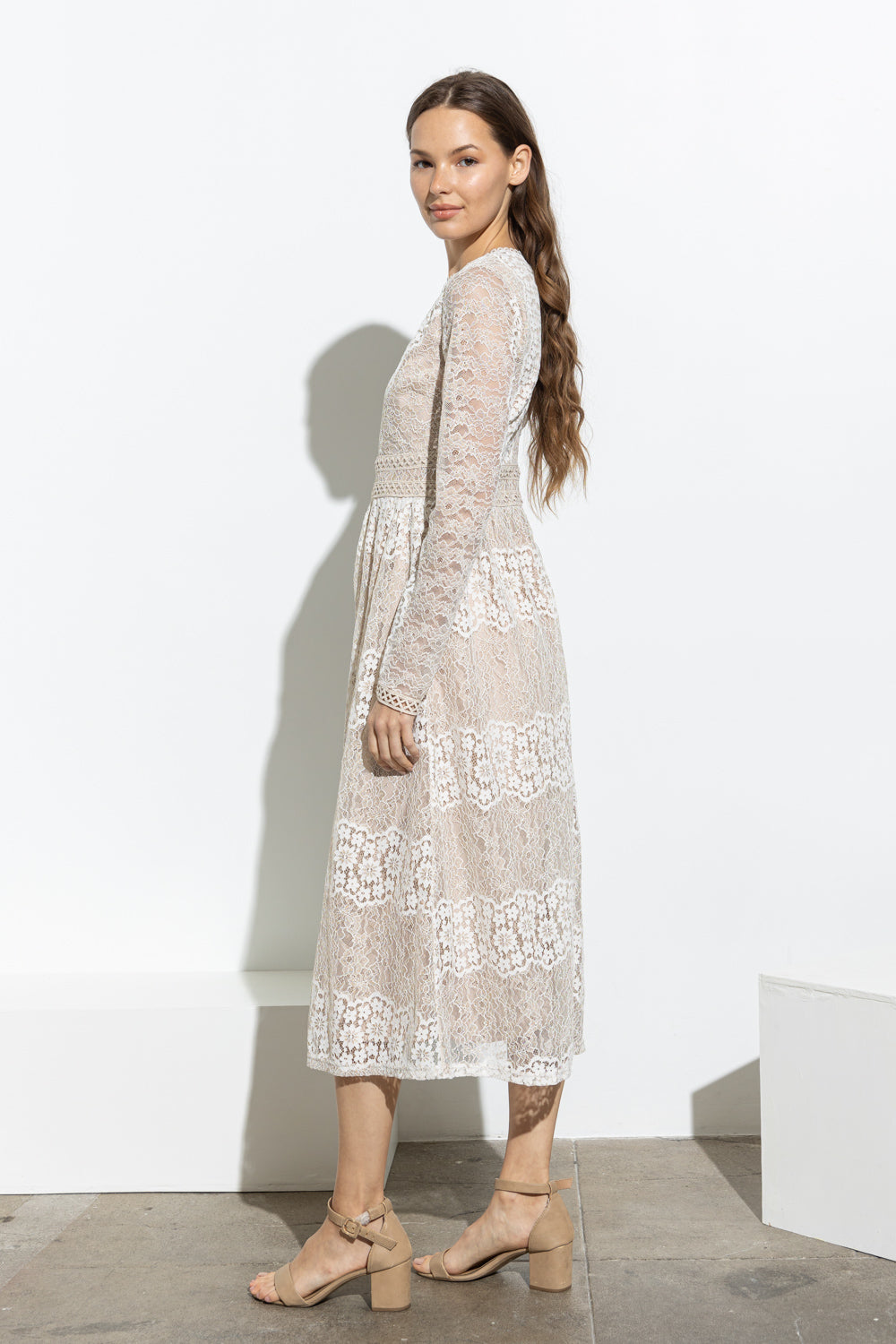 Royal All Over Lace Long-Sleeved Midi Dress