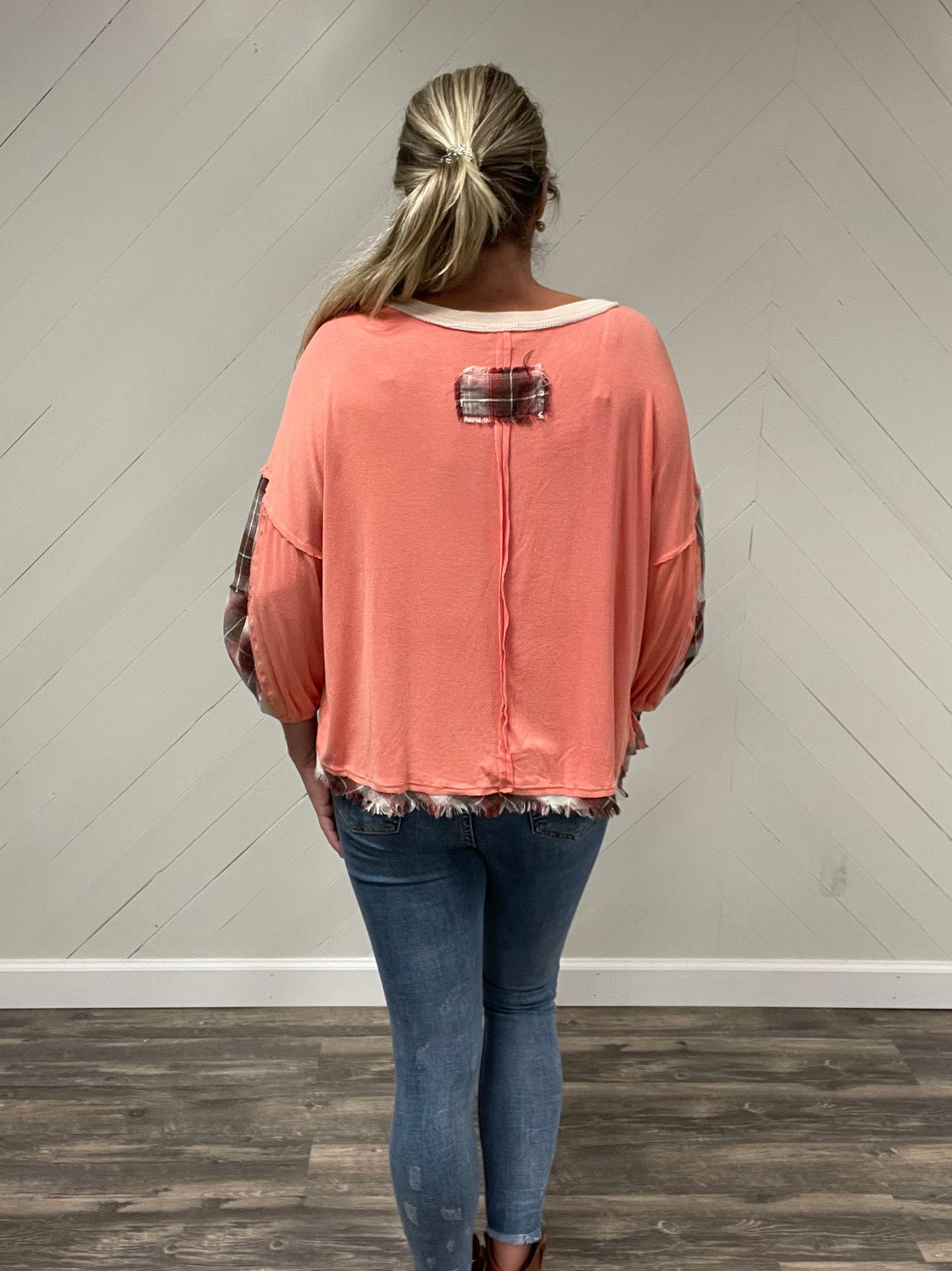 Coral & Brick Plaid Boxy Top