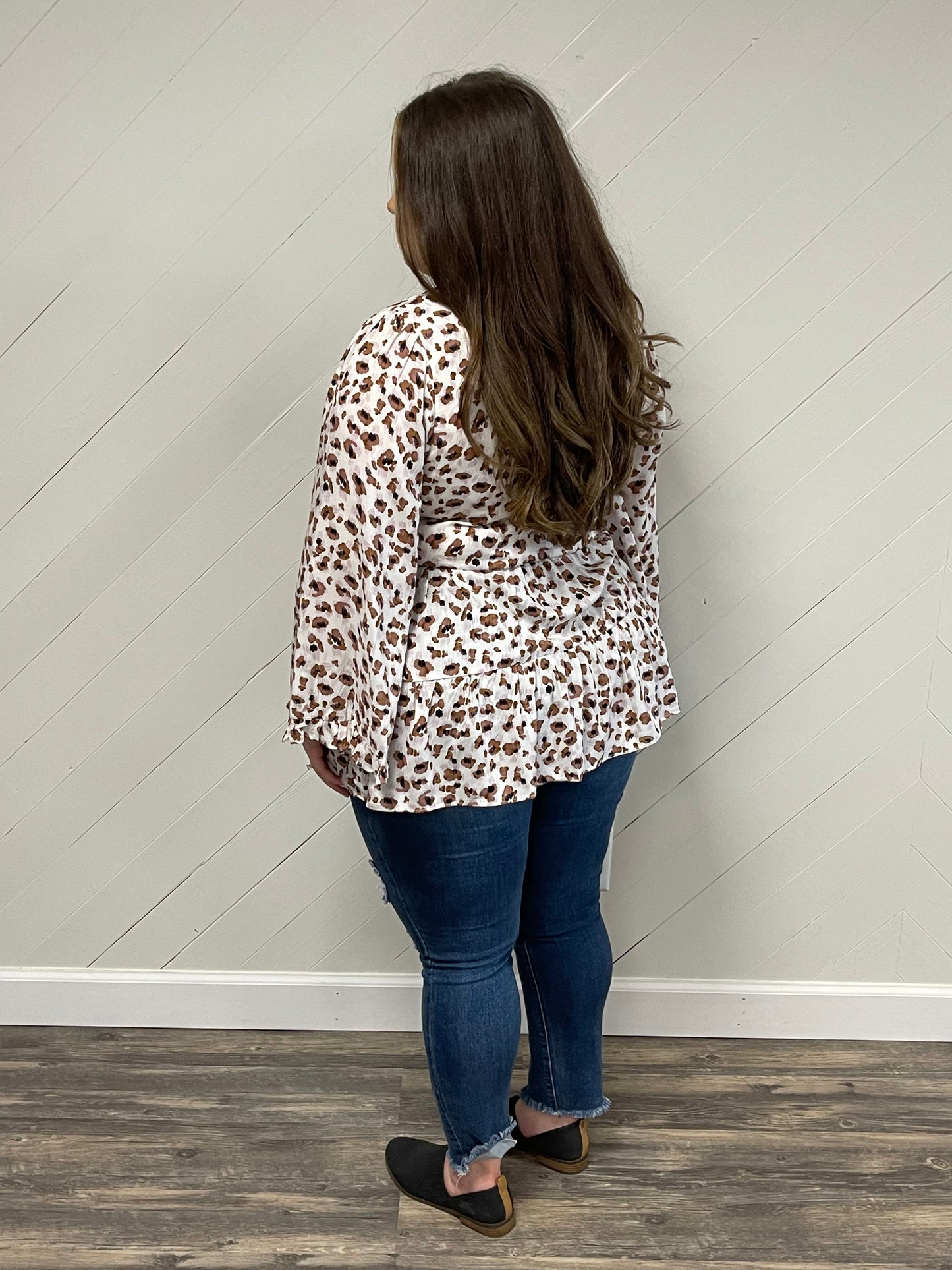 Cinched-In Leopard Bell-Sleeved Top