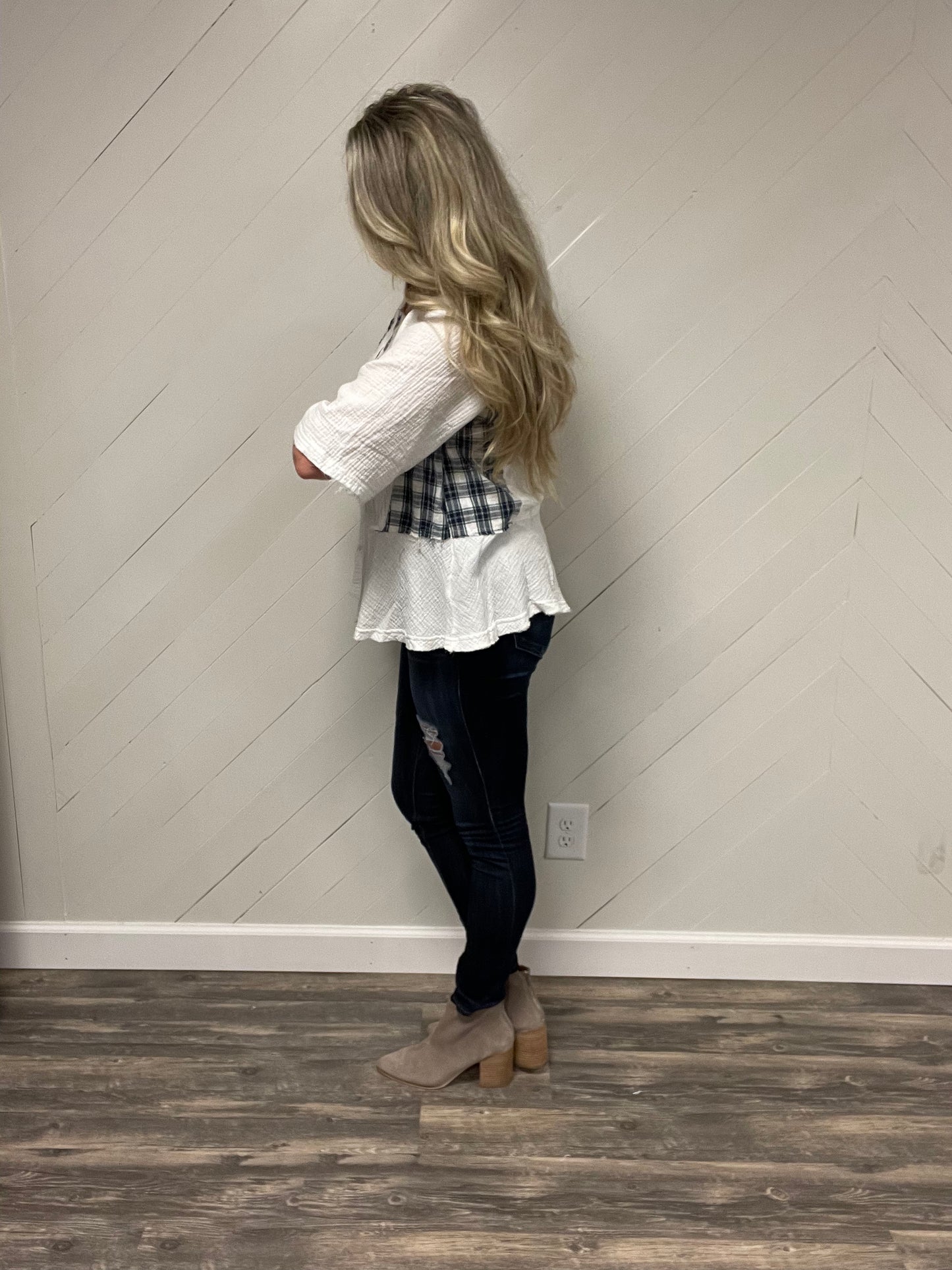 White & Plaid Peplum Top