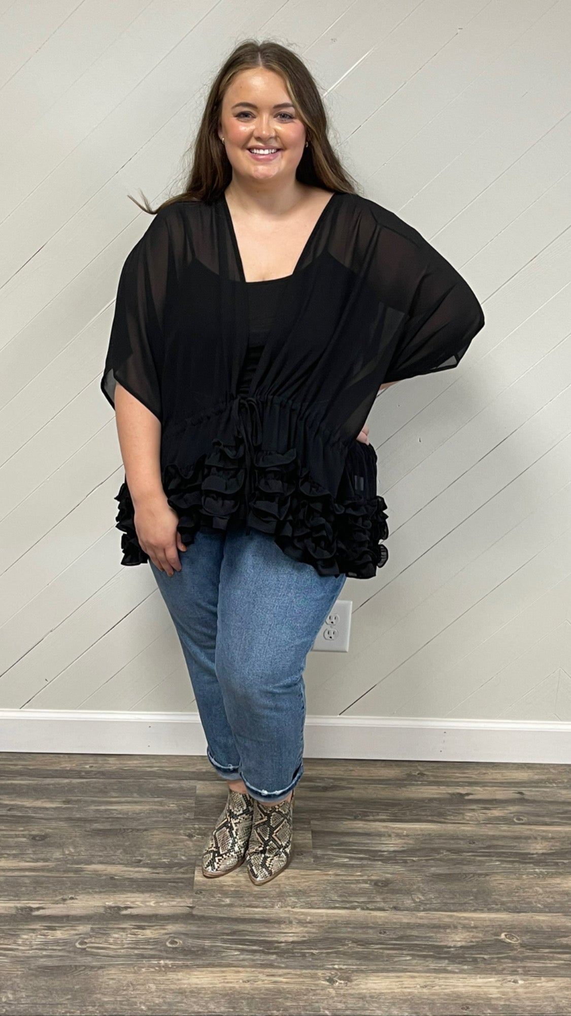 Black Ruffle Hem Kimono Wrap