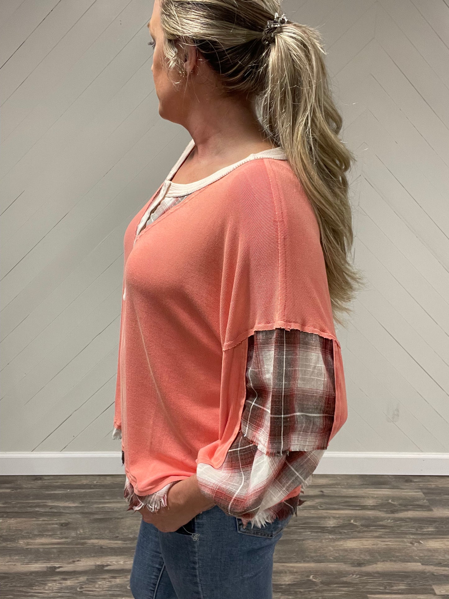 Coral & Brick Plaid Boxy Top