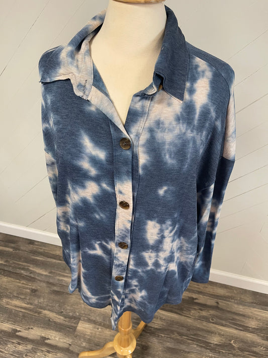 Vintage Blue Tie-Dye Button-Down Tunic