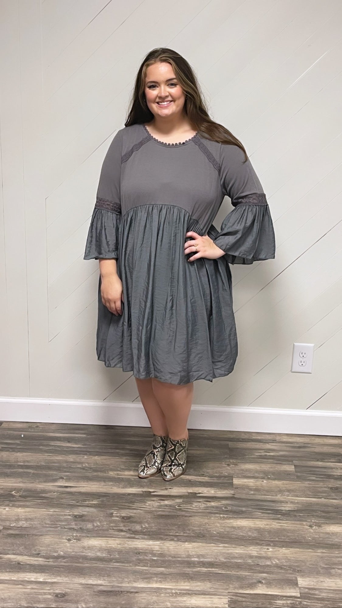 Grey Mixed Fabric Bell-Sleeved Dress