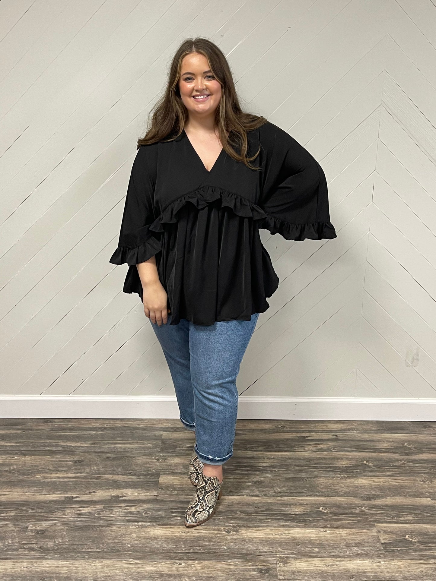 Ruffle Accented Black Top