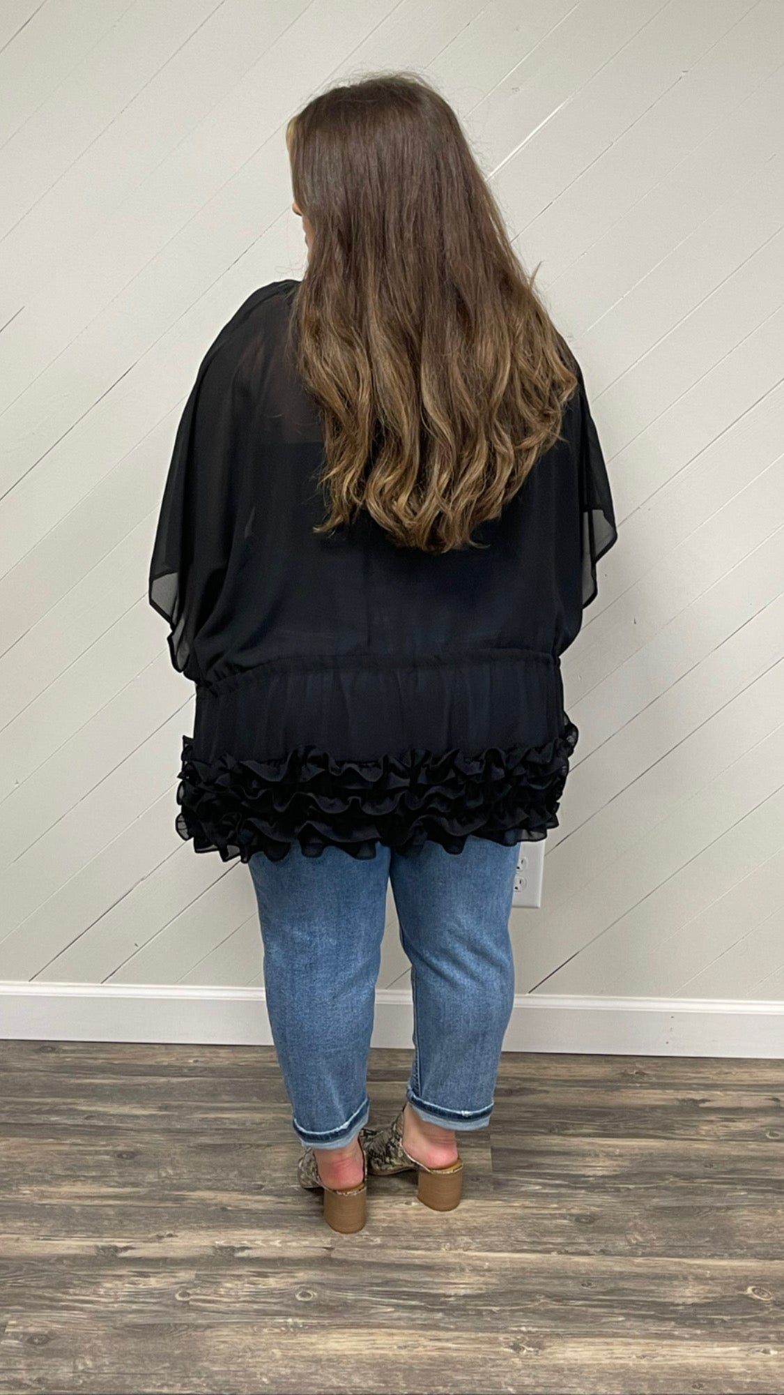 Black Ruffle Hem Kimono Wrap